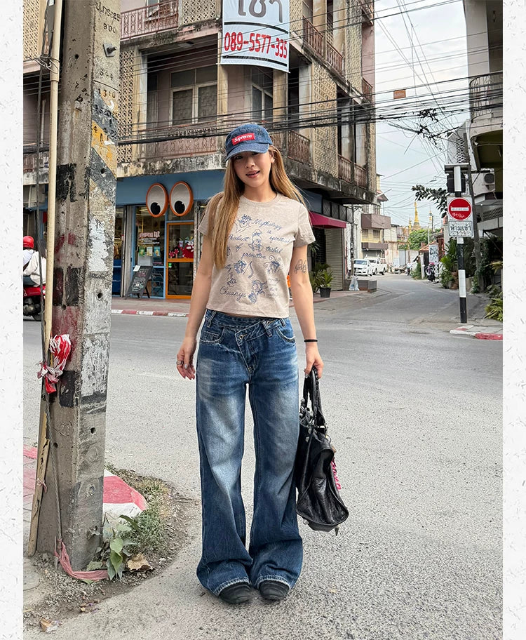 CCYE Straight Tube Medium and Low Waist Worn Old Jeans