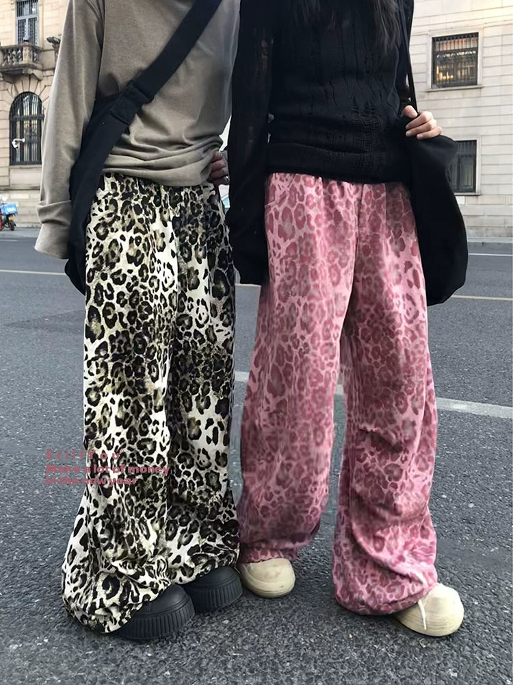 STILLYOU Vintage Rock Leopard Print Straight-pleated Slacks