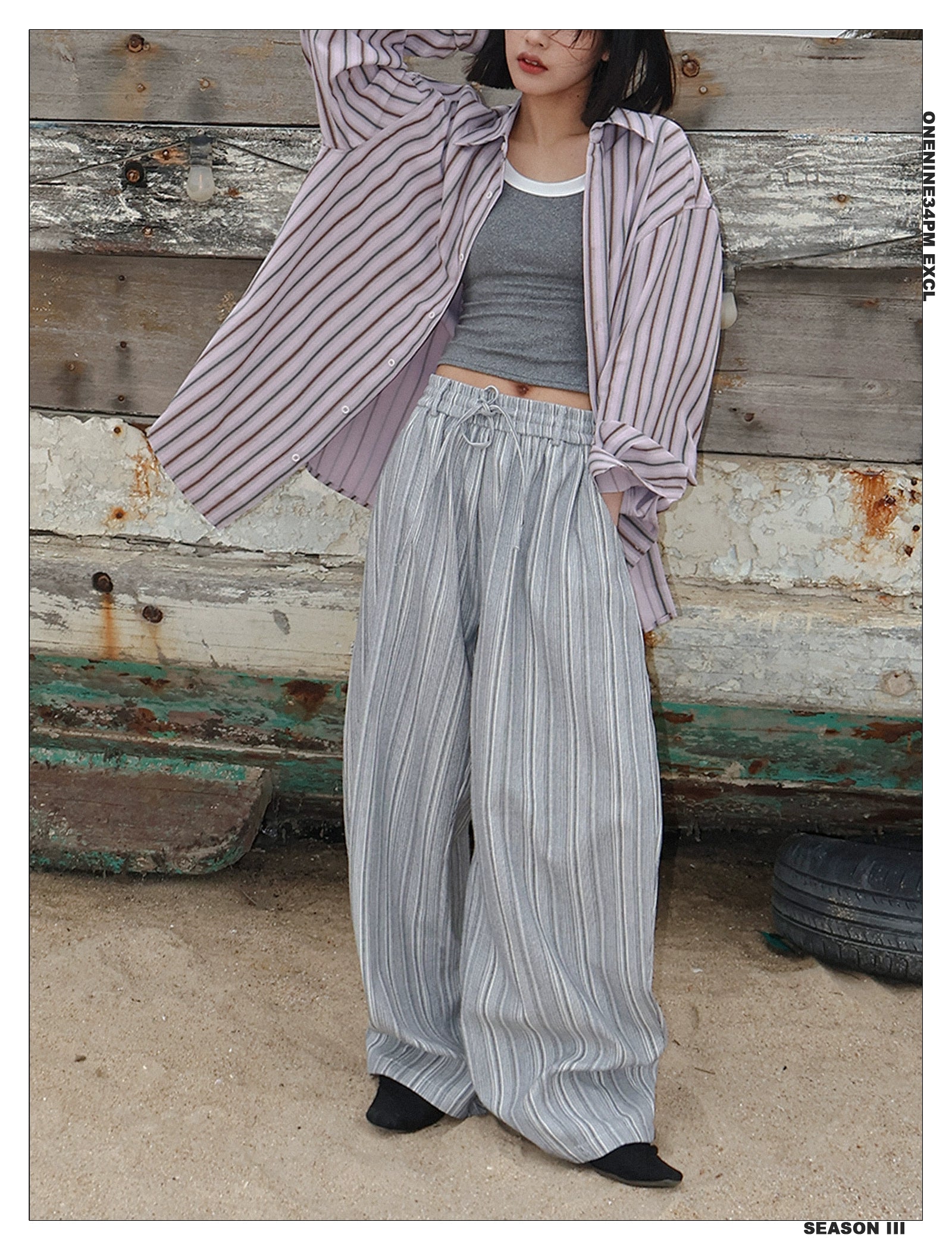 ONENINE34PM Vintage Striped Textured Loose Casual Pants