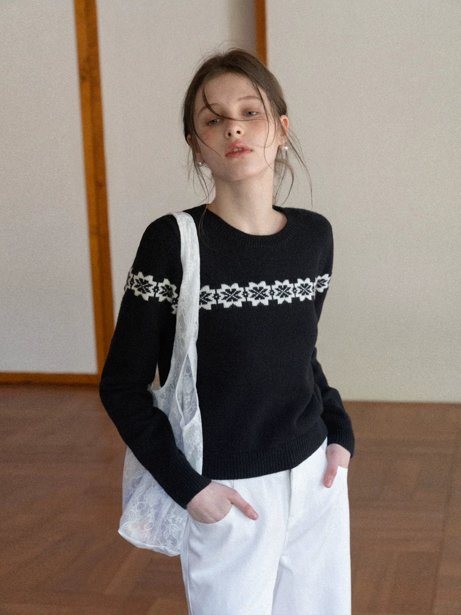 EGGKA crew neck jacquard cardigan + turtleneck short-sleeved knitted sweater