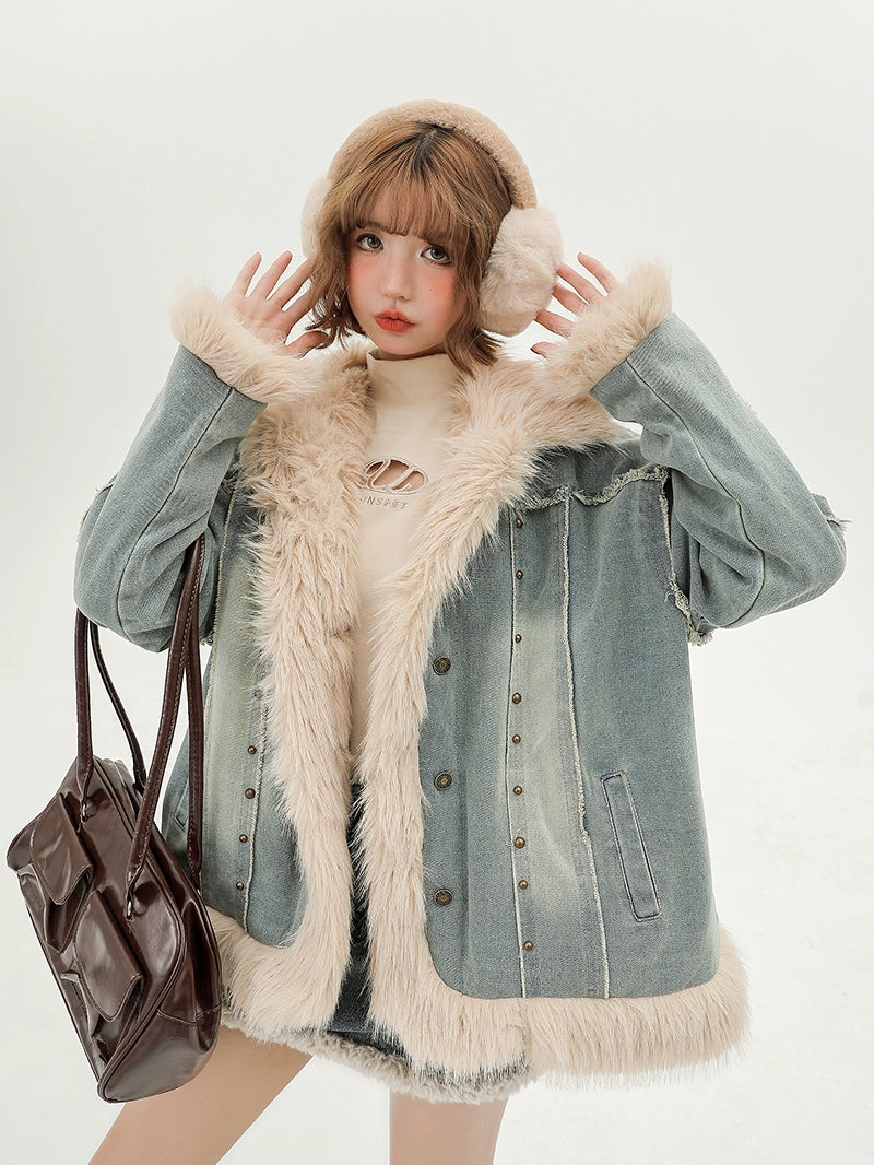 Girlyhalo Vintage Plush Denim Jacket