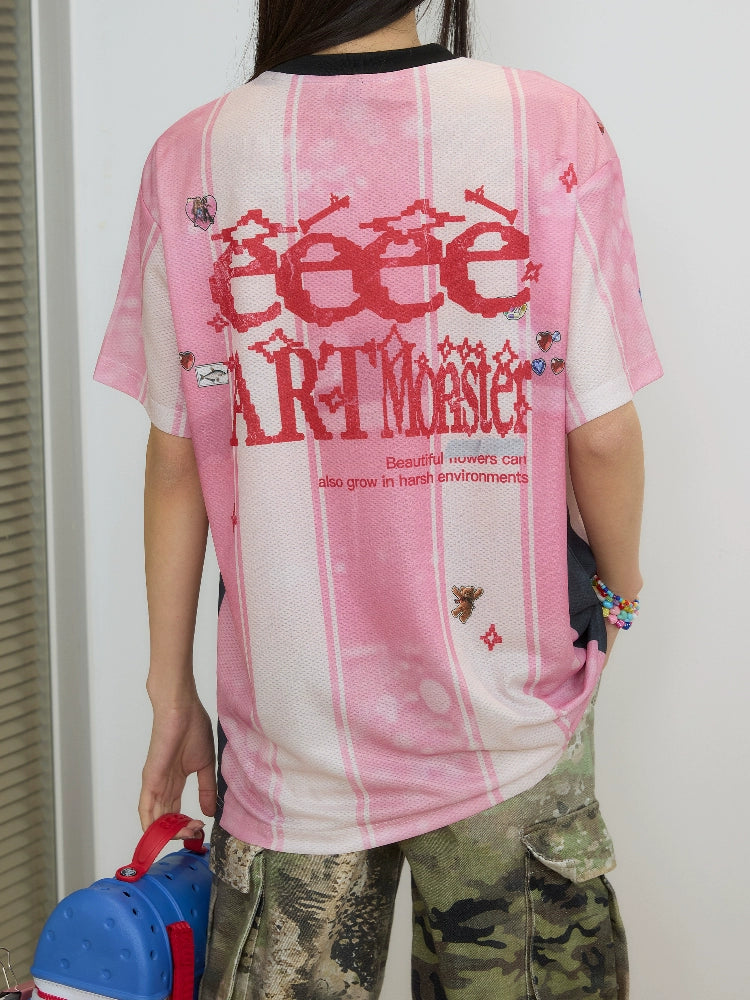 EeeeArtmonster Calendar Striped Sticker Sports Wind Contrasting Tee