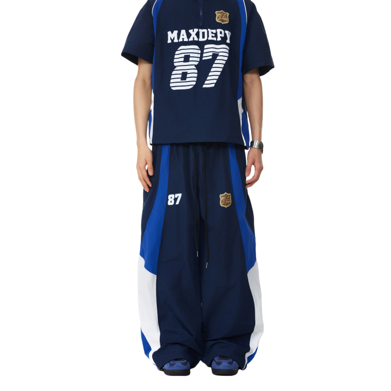 BTSG American retro badge contrasting color splicing elastic waist Pants