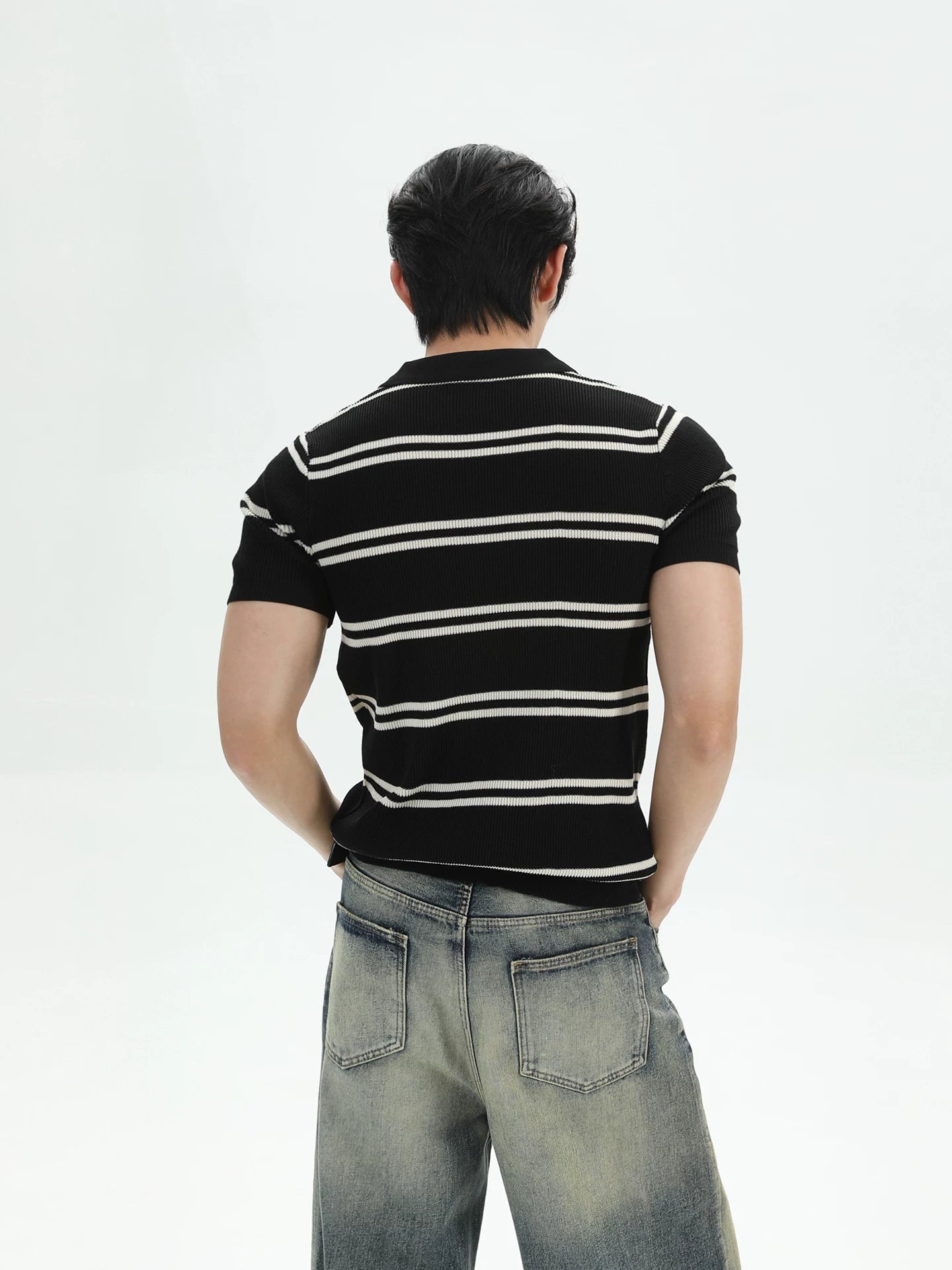 TURNTIDE Cool Anti-wrinkle Half Zipper Striped Knitted Tee