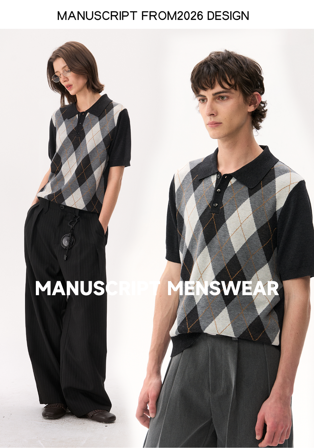 MANUSCRIPT Casual Front Shoulder Plaid Lapel Tee