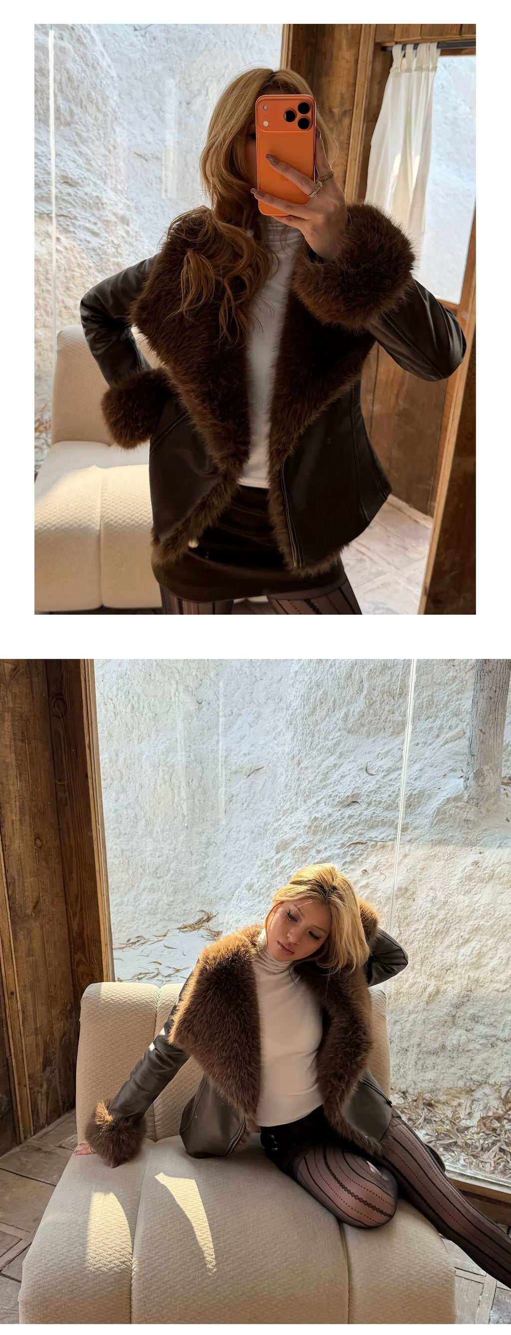 Audwyn Retro Pu Leather Lapel Eco-friendly Fur Coat