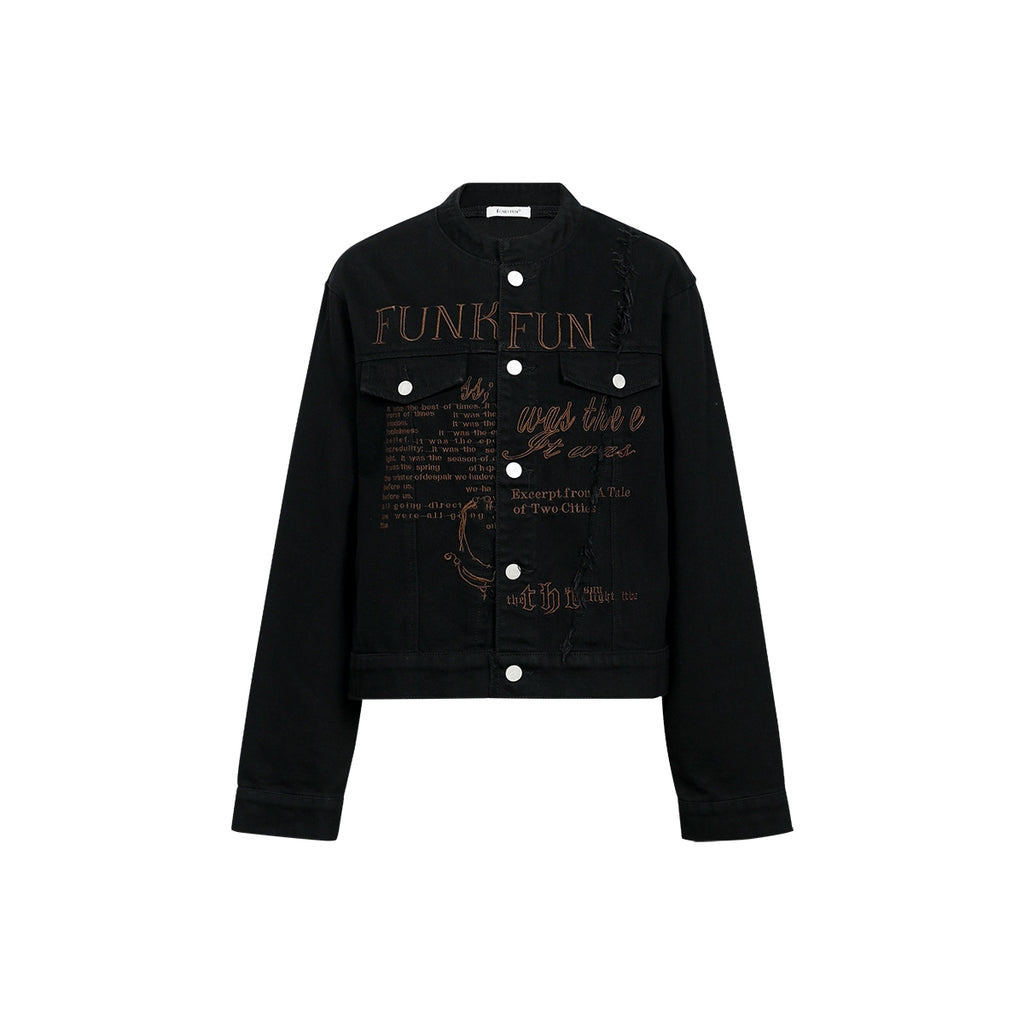 FUNKYFUN Embroidered Burrs Collarless Denim Jacket