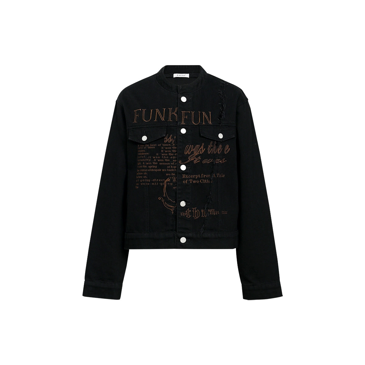FUNKYFUN Embroidered Burrs Collarless Denim Jacket