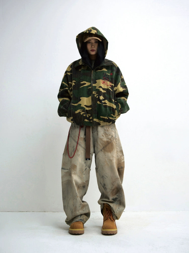 PEOPLESTYLE Yellow Mud Dyed Heavy Industry Dirty Wash Wide Leg Jeans