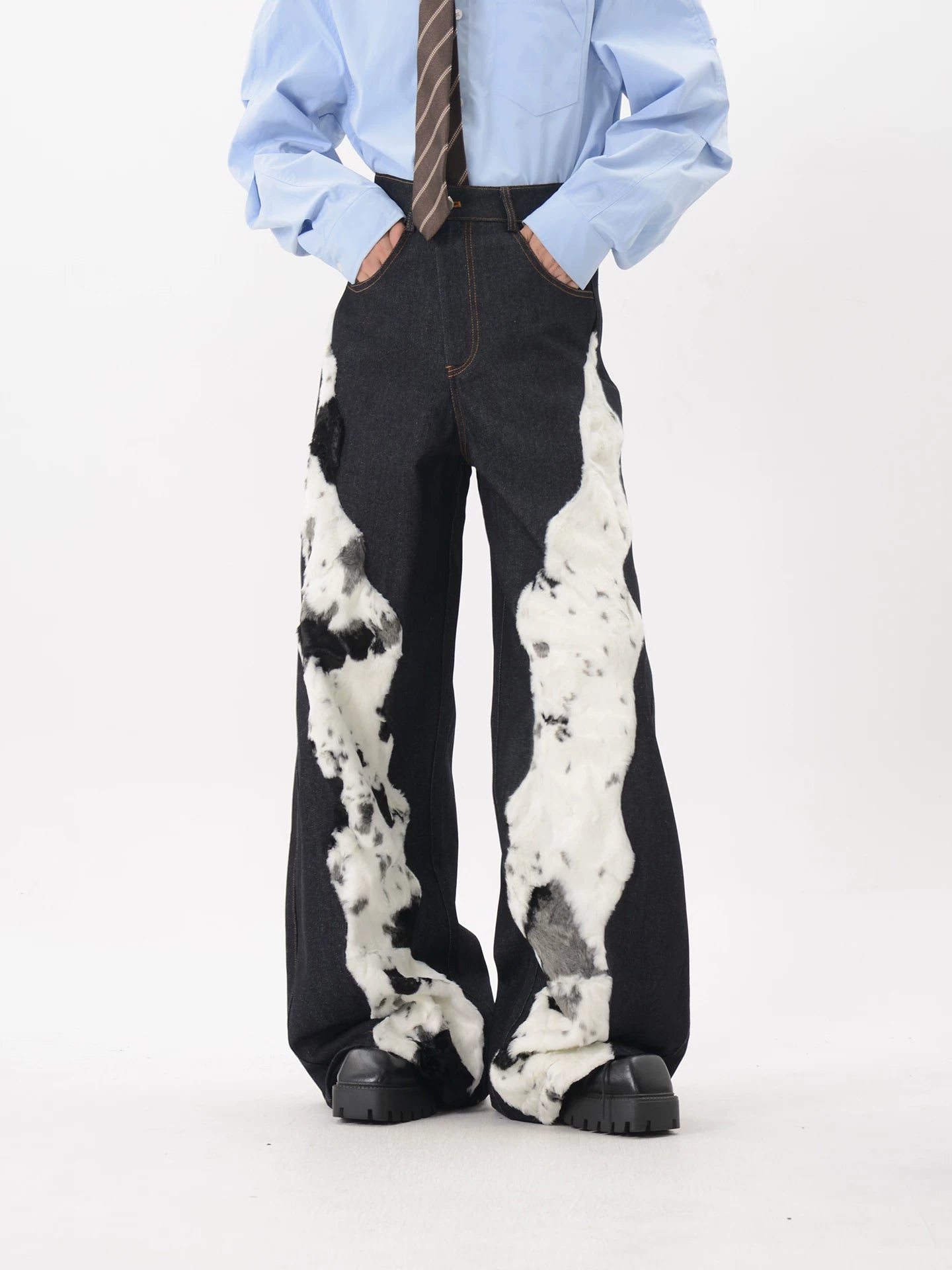 LUCE GARMENT Stitched Plush Wide-leg Jeans