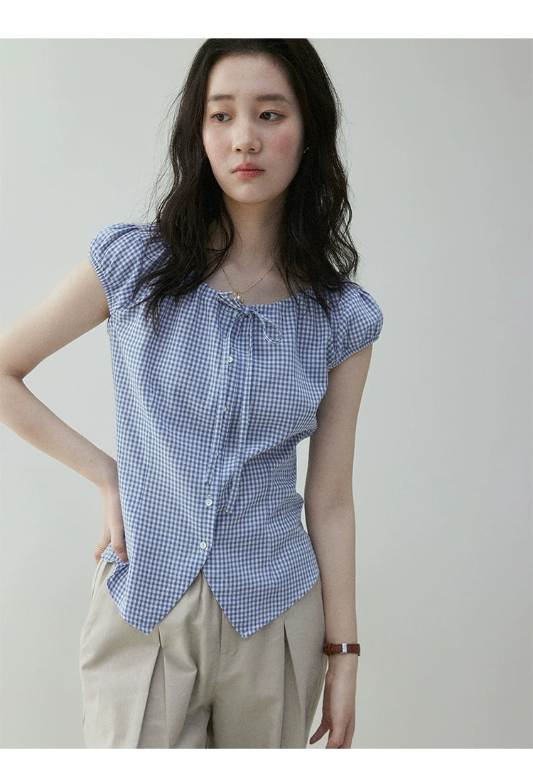 VOOE Vintage Contrast Checked Drawstring Shirt