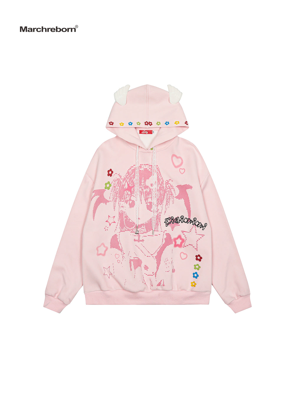 MARCH Girl Cartoon Print Wings Hooded Sweater