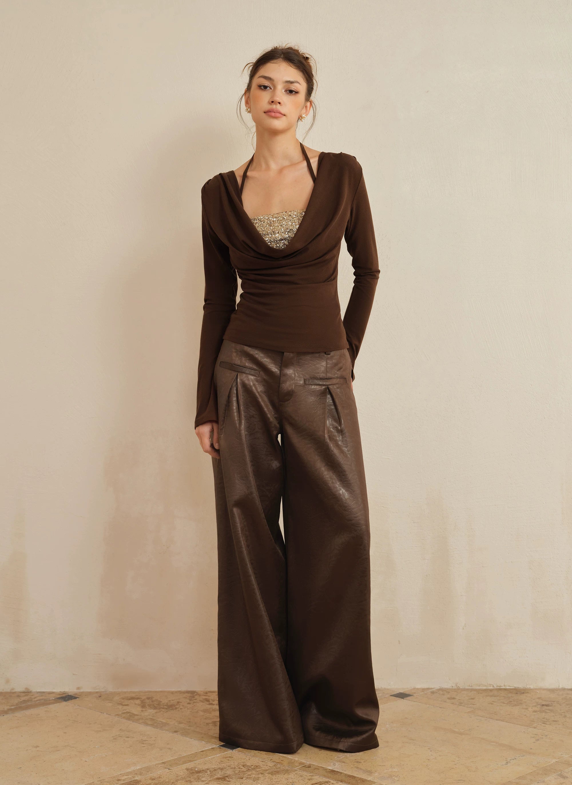 J TheChosen Satin Leather Double-pleated Loose Wide Leg Pants