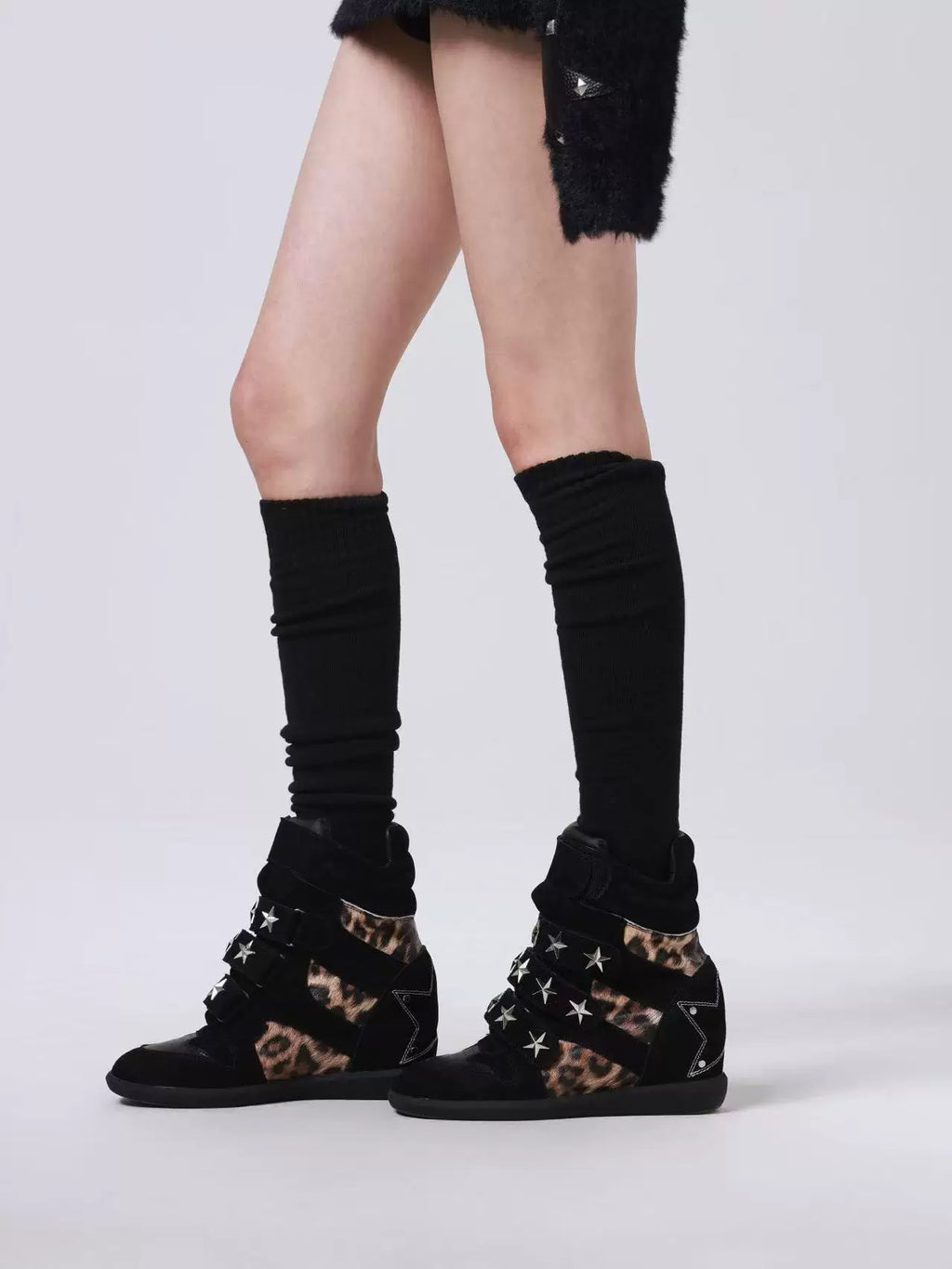 DETW Leopard Print Leather Rivets High-top Thick-soled Heel Shoes