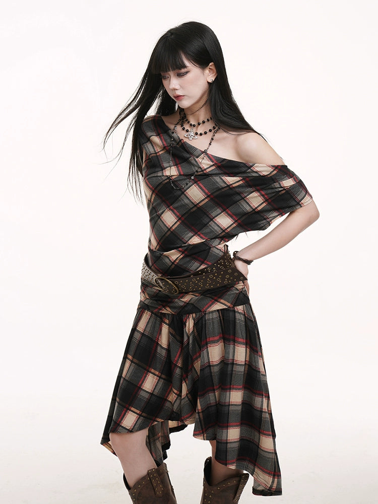 LADYGHOST Slanted Shoulder Plaid Dress