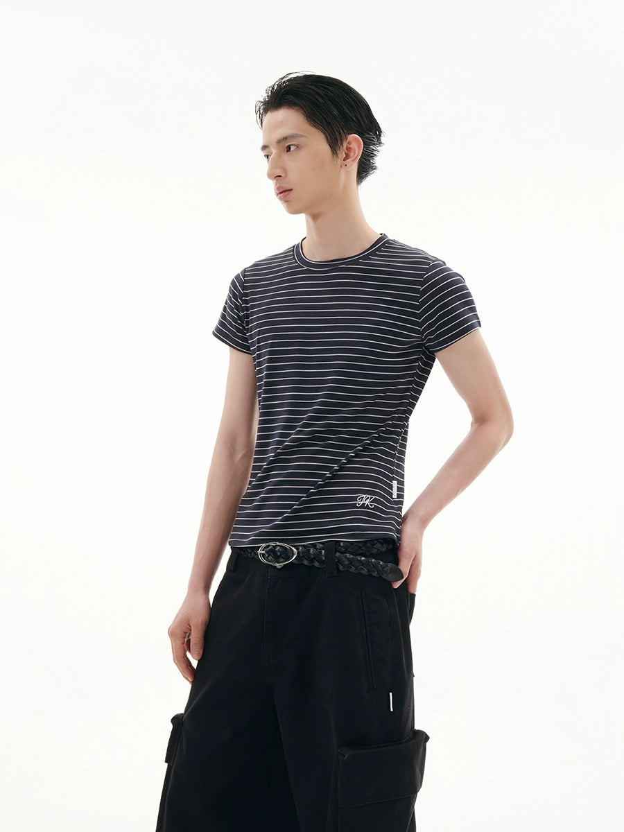 FUNKYFUN Elastic Comfortable Soft Contrasting Striped Slim Tee
