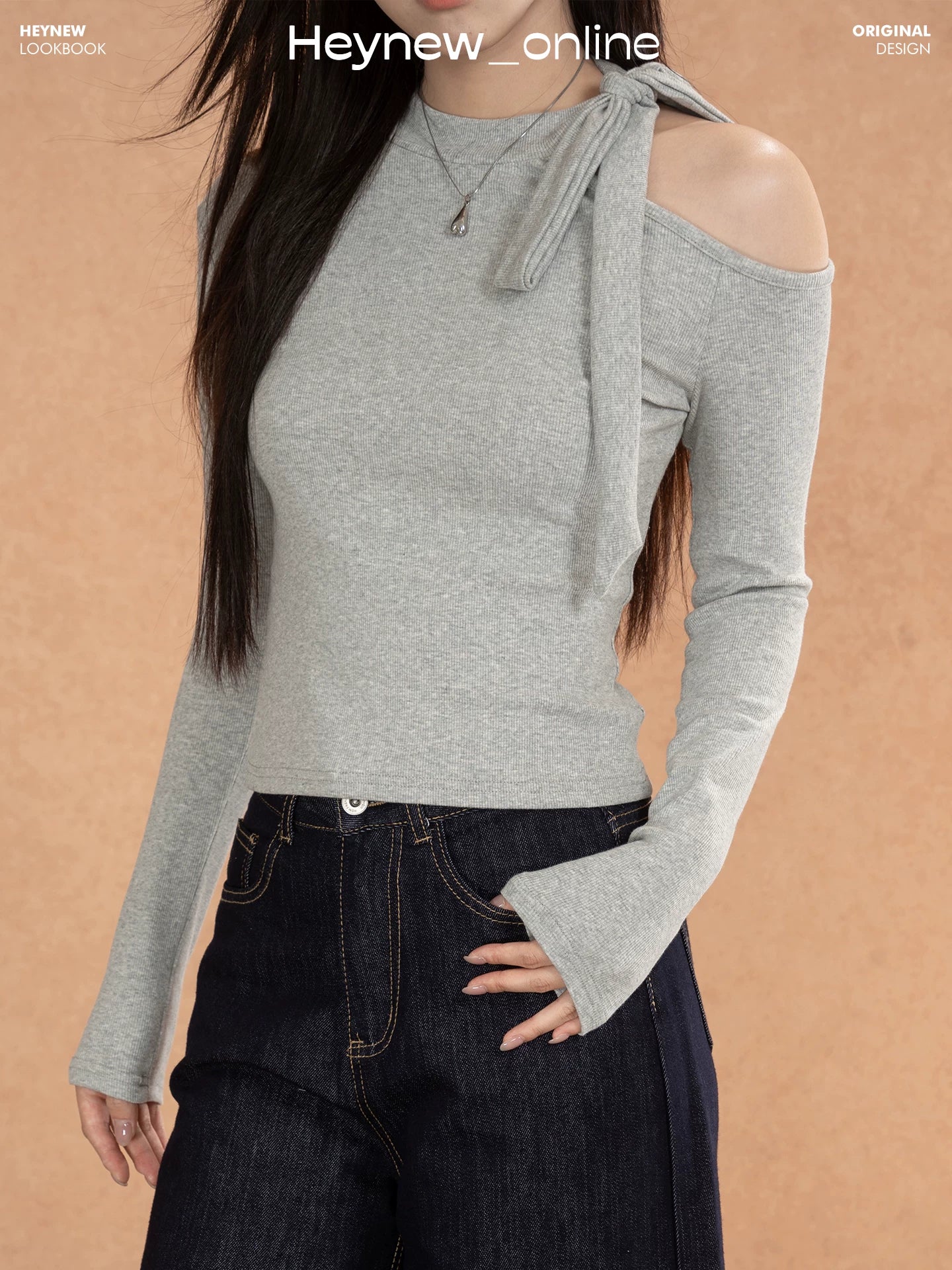 LOVEHEYNEW Strap Hollow Bow Slim Off-Shoulder Long Sleeve