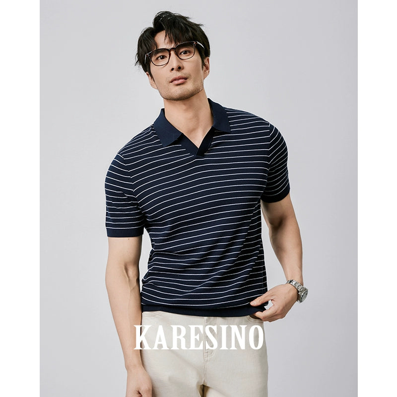 KARESINO Ice Silk Casual Striped Knitted Polo Shirt