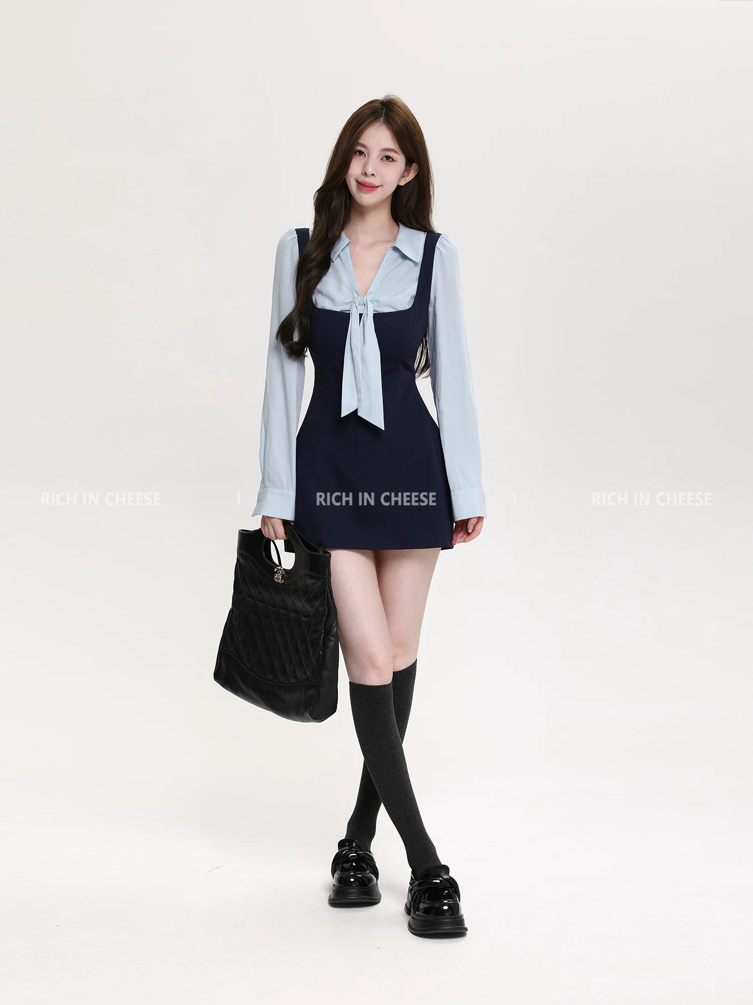 RICH IN CHEESE ACADEMY COLOR CONTRACT Splicing Bow Waist Dress