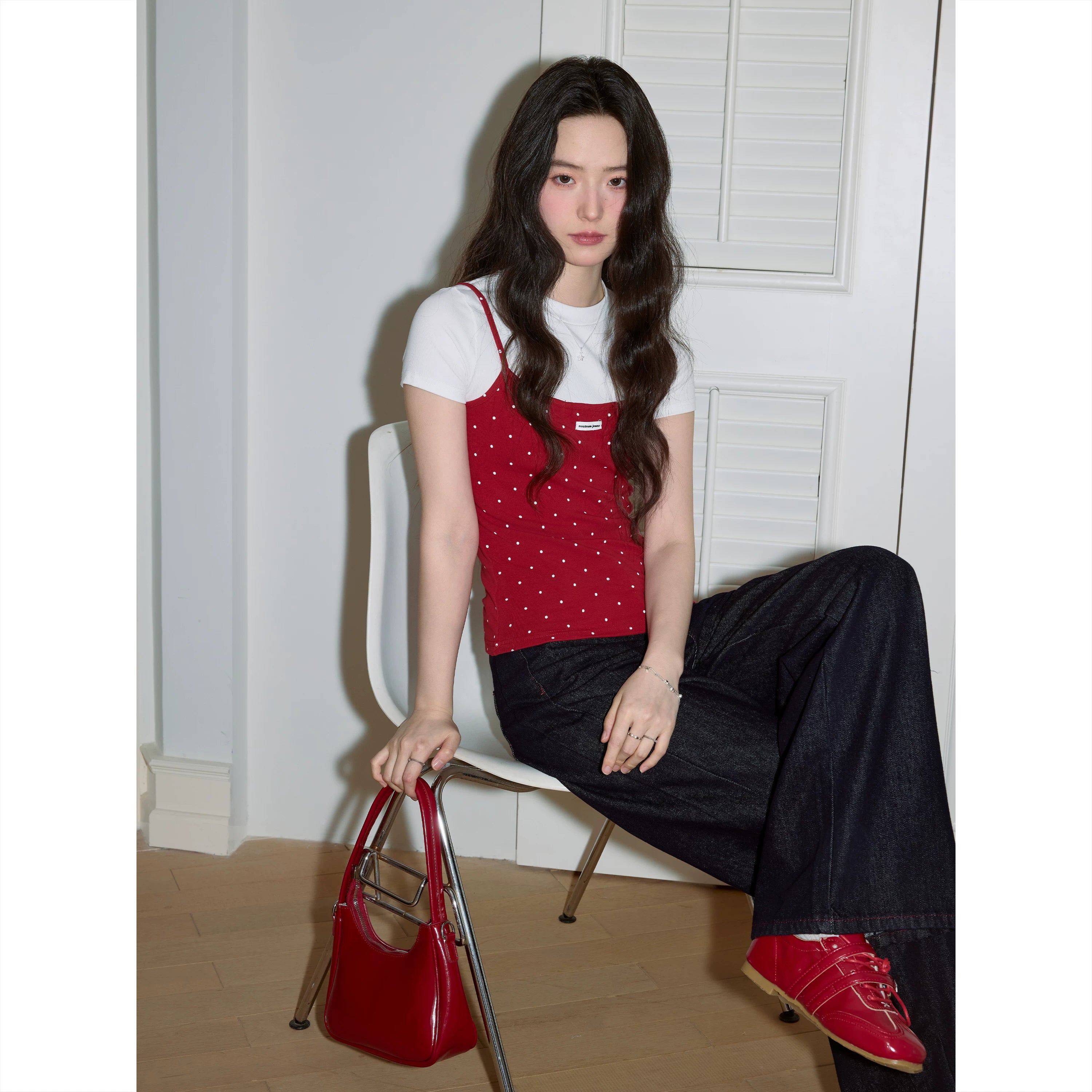 XUJING Fake Two Pieces Round Neck Polka Dot Slim Tee