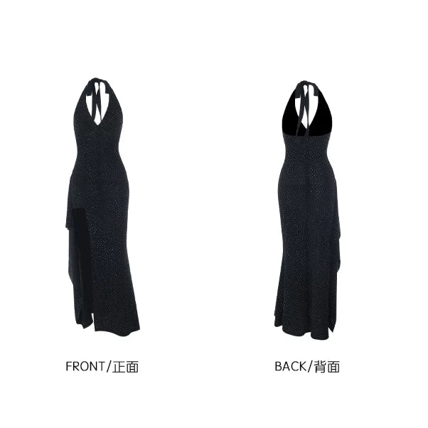 Instunning V-neck Neck Hot Drill Waist Split Dress