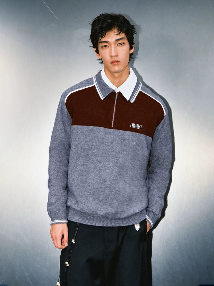 MATCHA STORY Contrast Polo Neck Loose Knitted Sweater