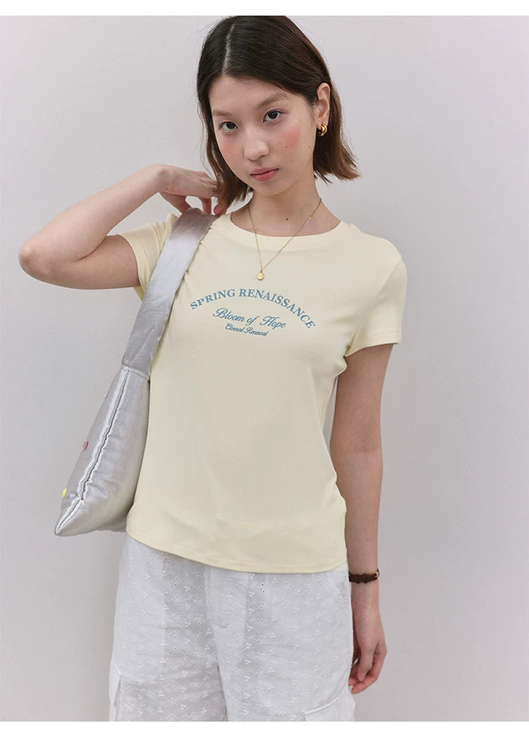 VOOE Letter Print Front Shoulder Crew Neck Versatile Tee
