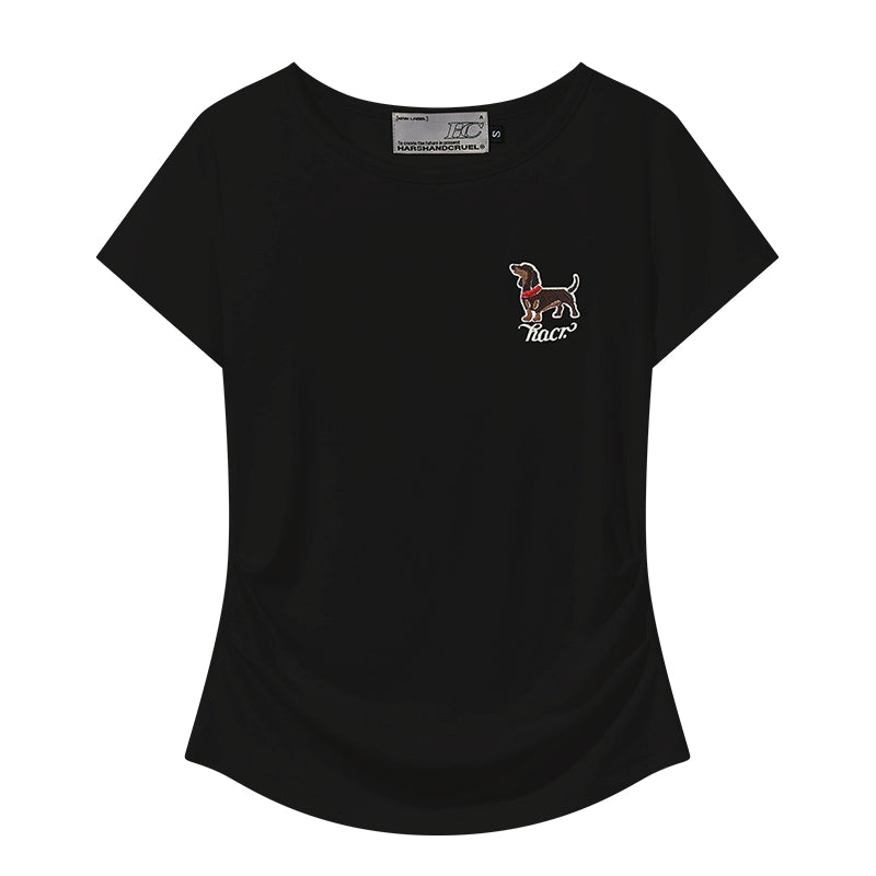 HACR Stretch Knit Embroidered Puppy Front Shoulder Tee