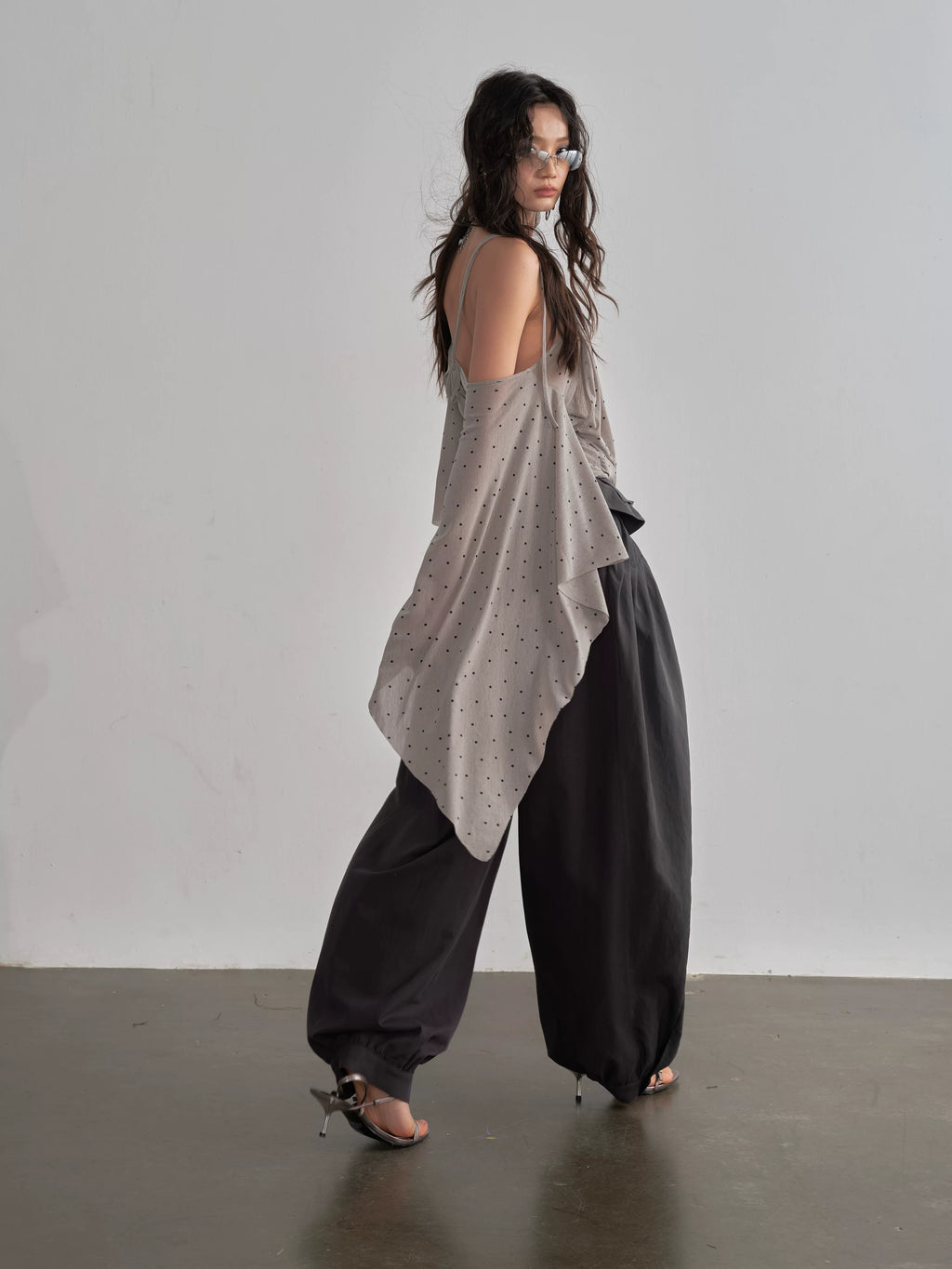 JNYLON Retro Asymmetrical Shawl Sleeve Neck Polka Dot Tee