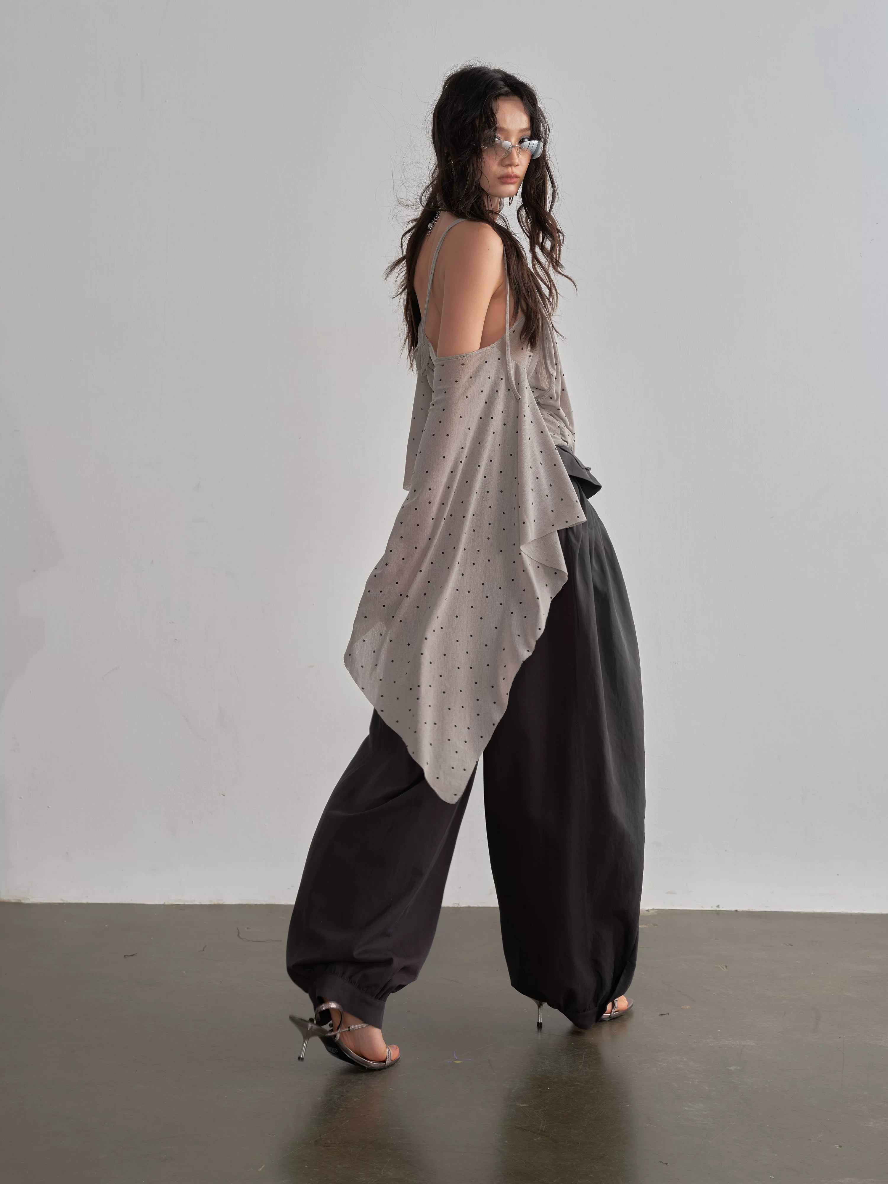 JNYLON Retro Asymmetrical Shawl Sleeve Neck Polka Dot Tee