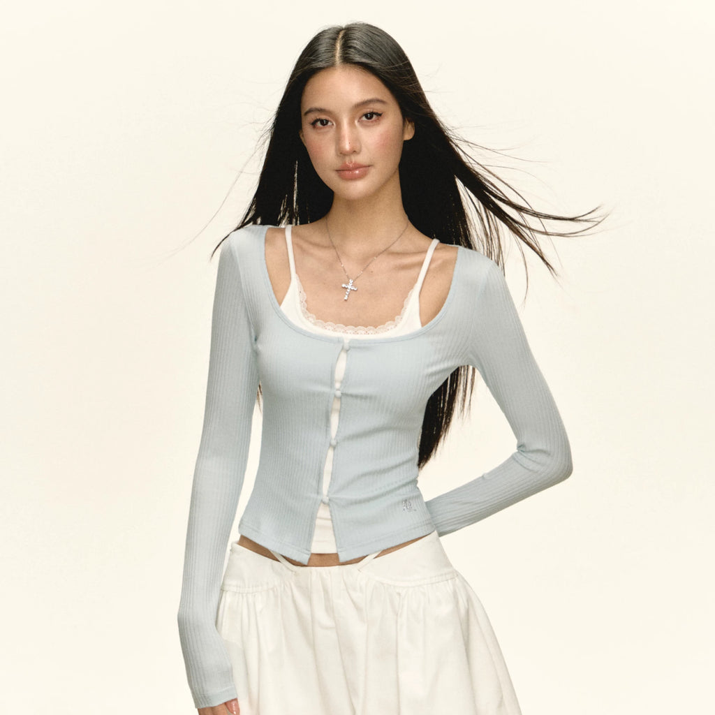 Ariseism Vintage Fake Two Piece Splicing Lace Long Sleeve