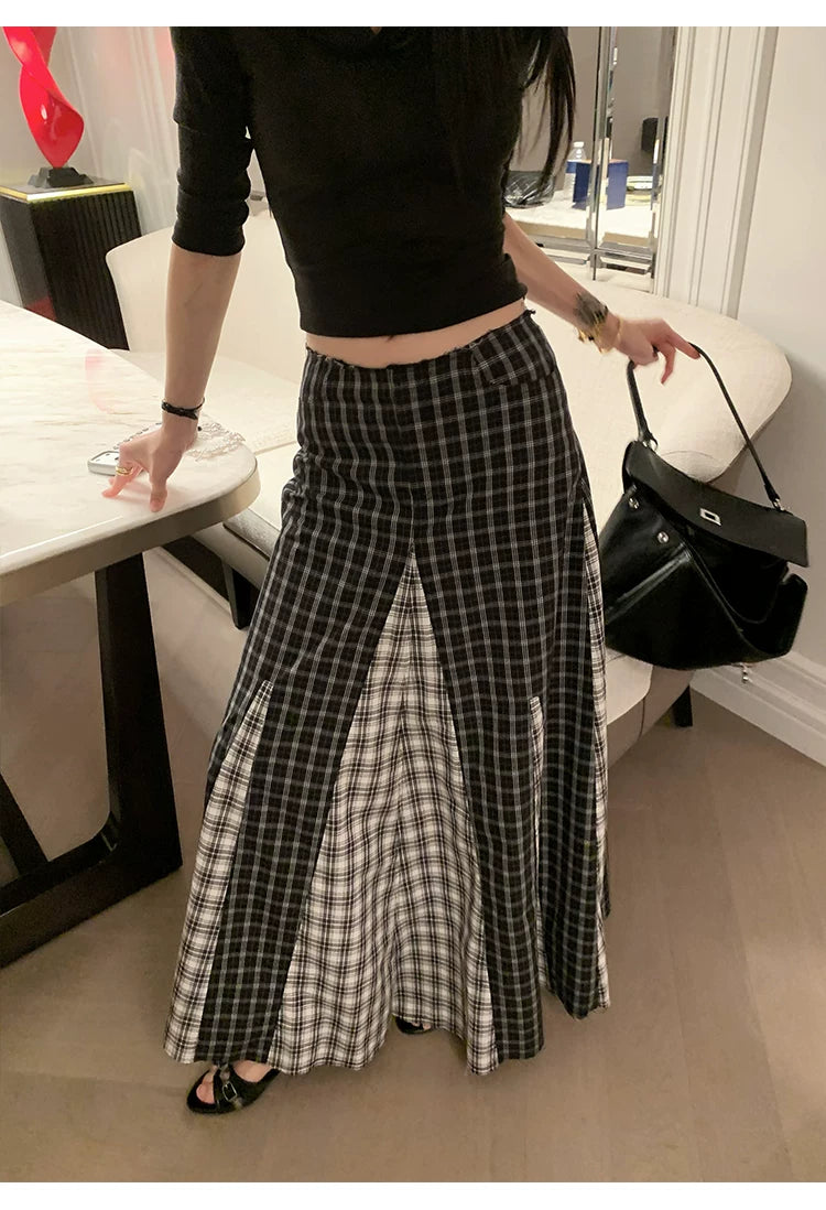 YOUNG KYLIN Retro Plaid Stitching Skirt
