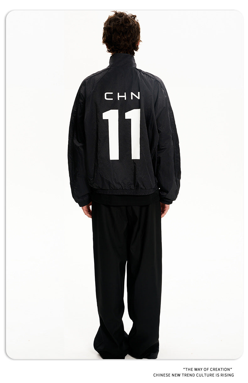 11KN Retro Digital Print Casual Loose Stand-up Jacket