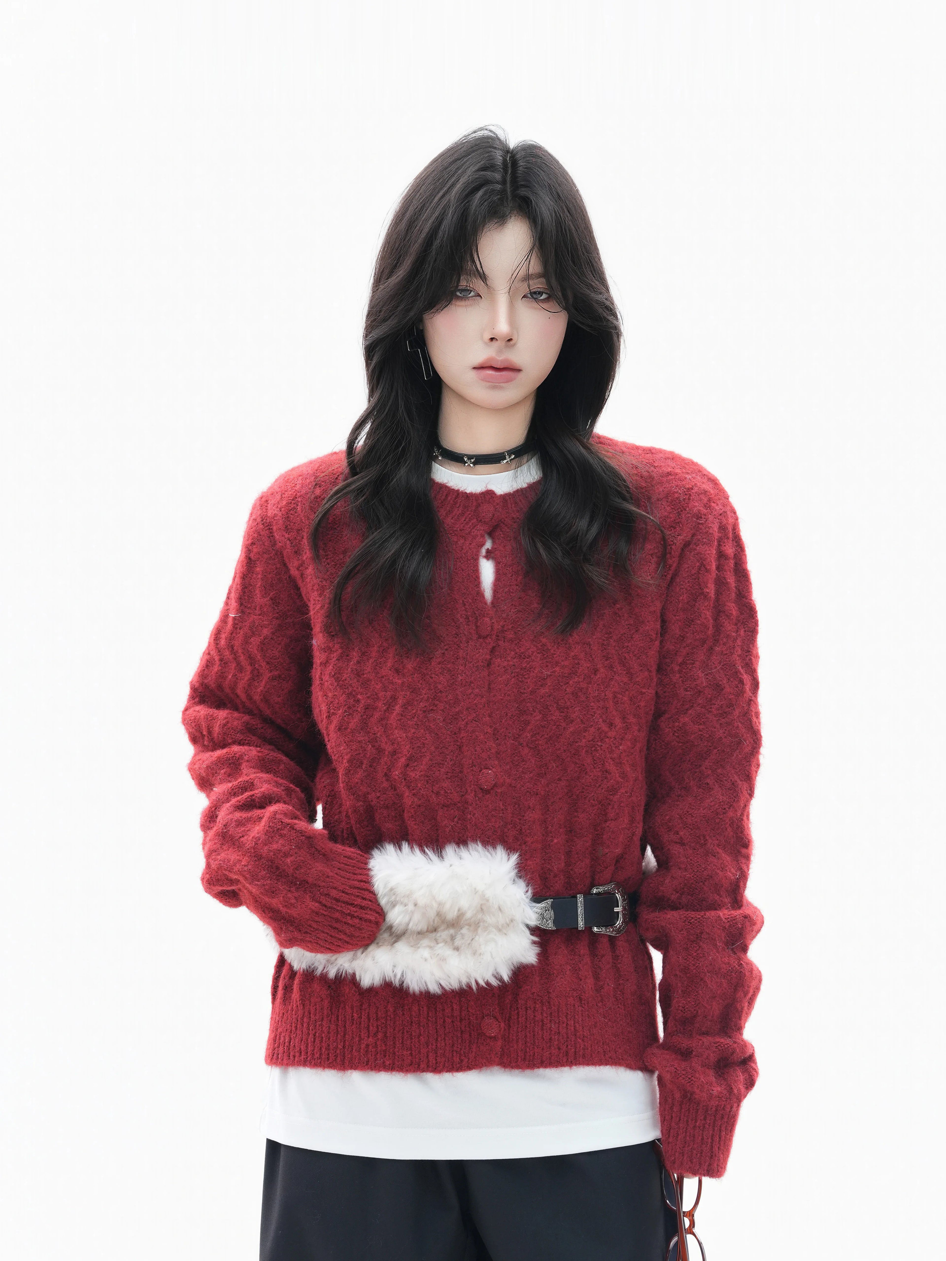 Zuocisankon Detachable Fur Collar Twist Knitted Cardigan Sweater