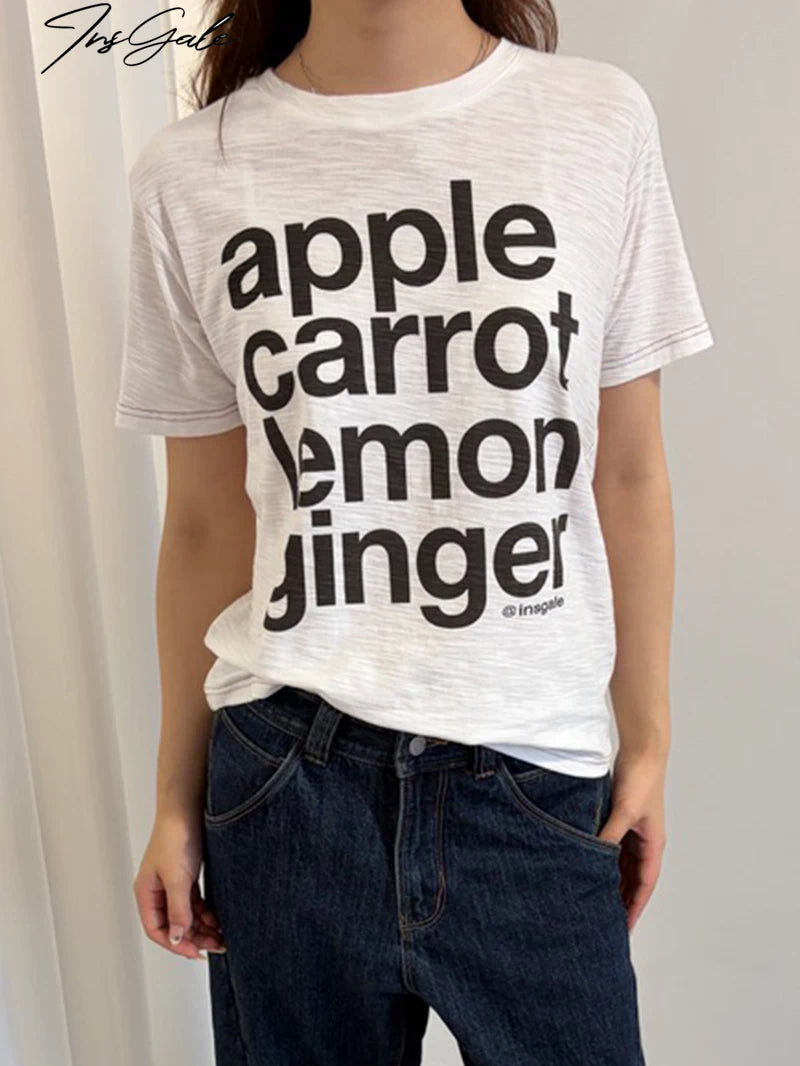 InsGale Bamboo Pattern Bright Line Letter Print Casual Tee