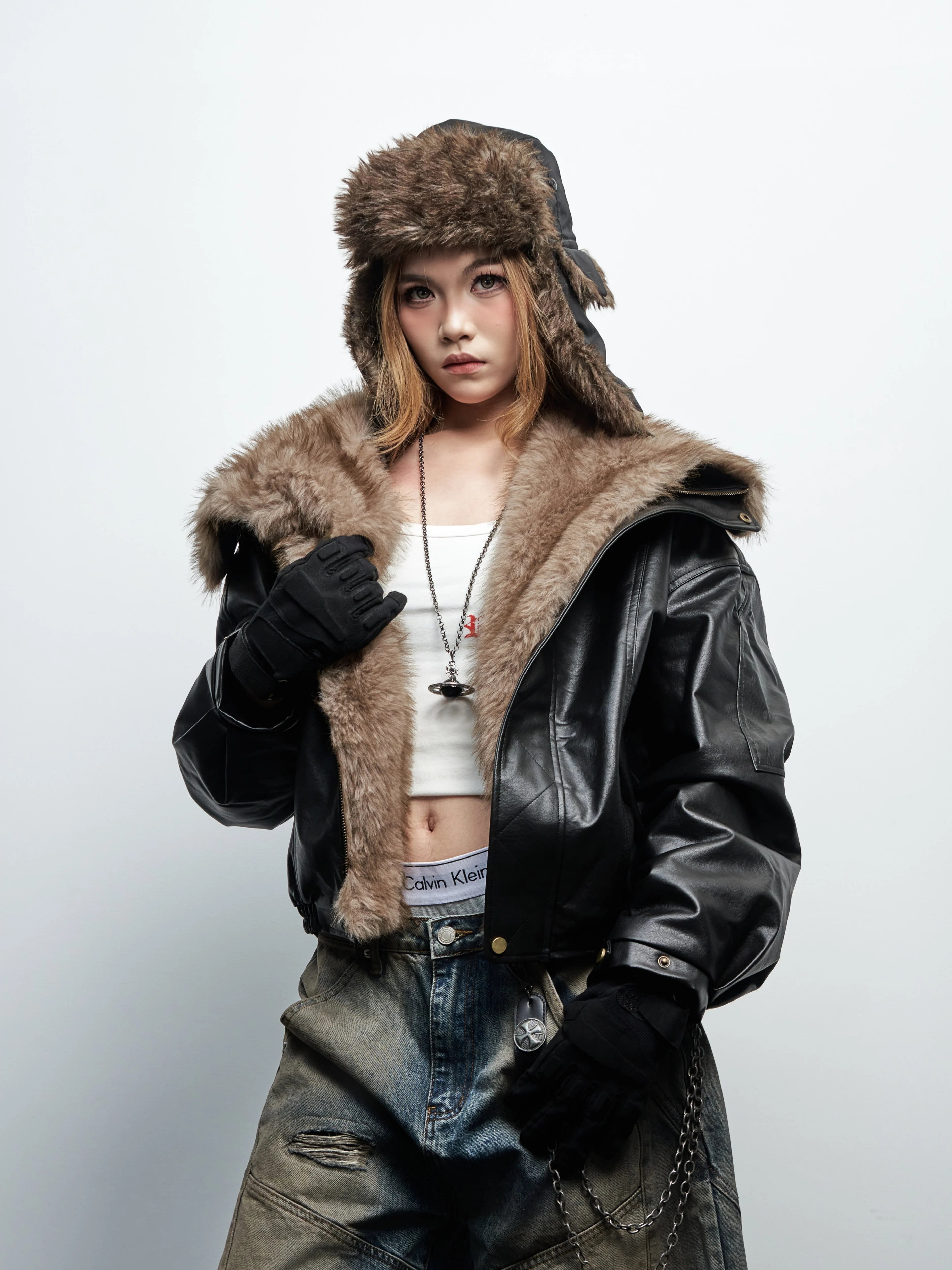 Saimt Retro Fur Collar Pu Leather Jacket