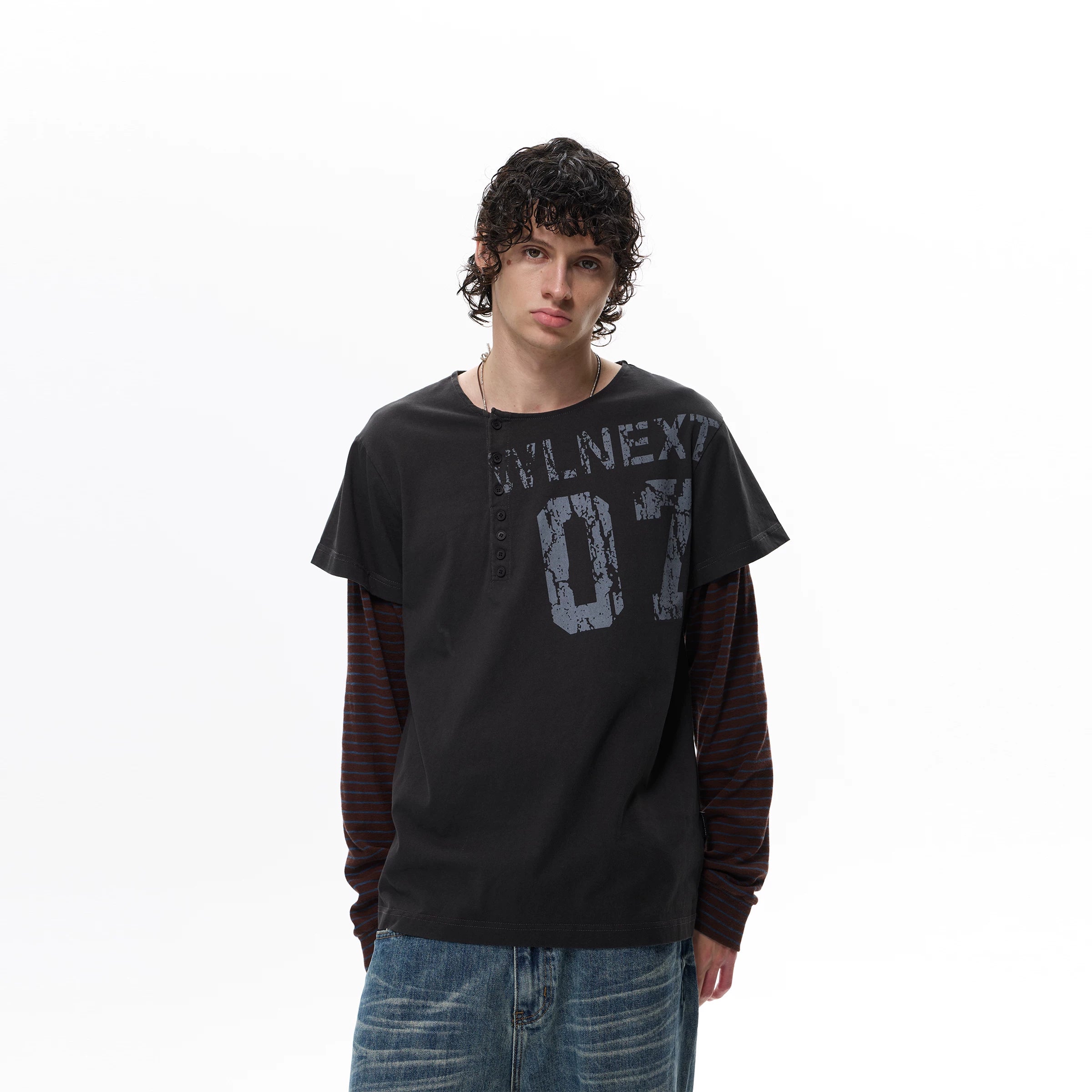 WLNEXT Striped Splicing Fake Two-piece Long Sleeve