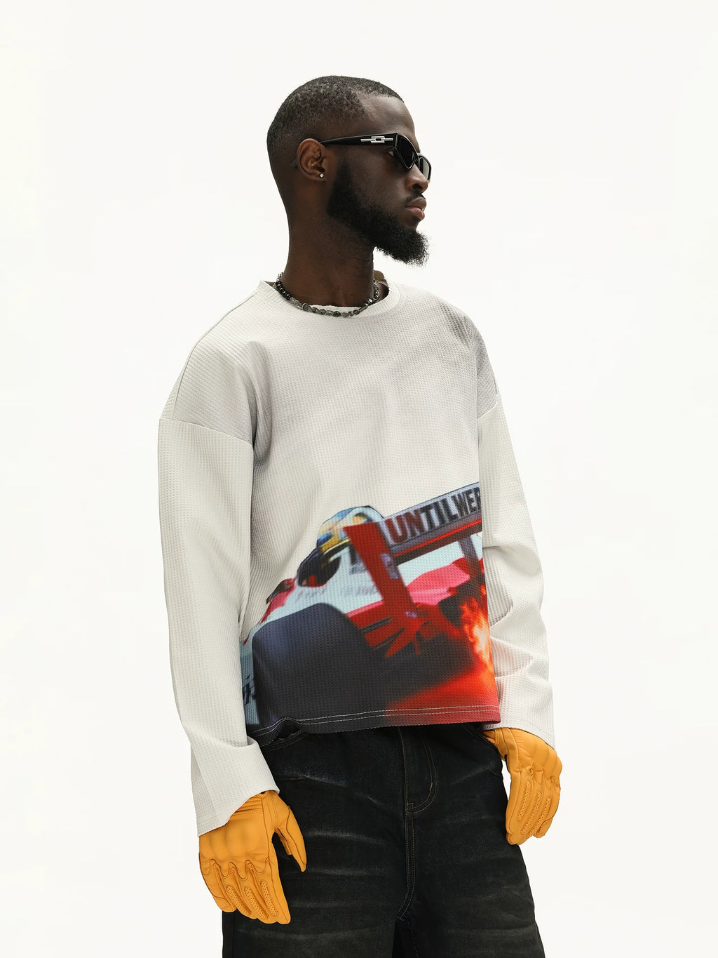 UNTILWERICH Waffle Crew Neck Racing Print Loose Sweater