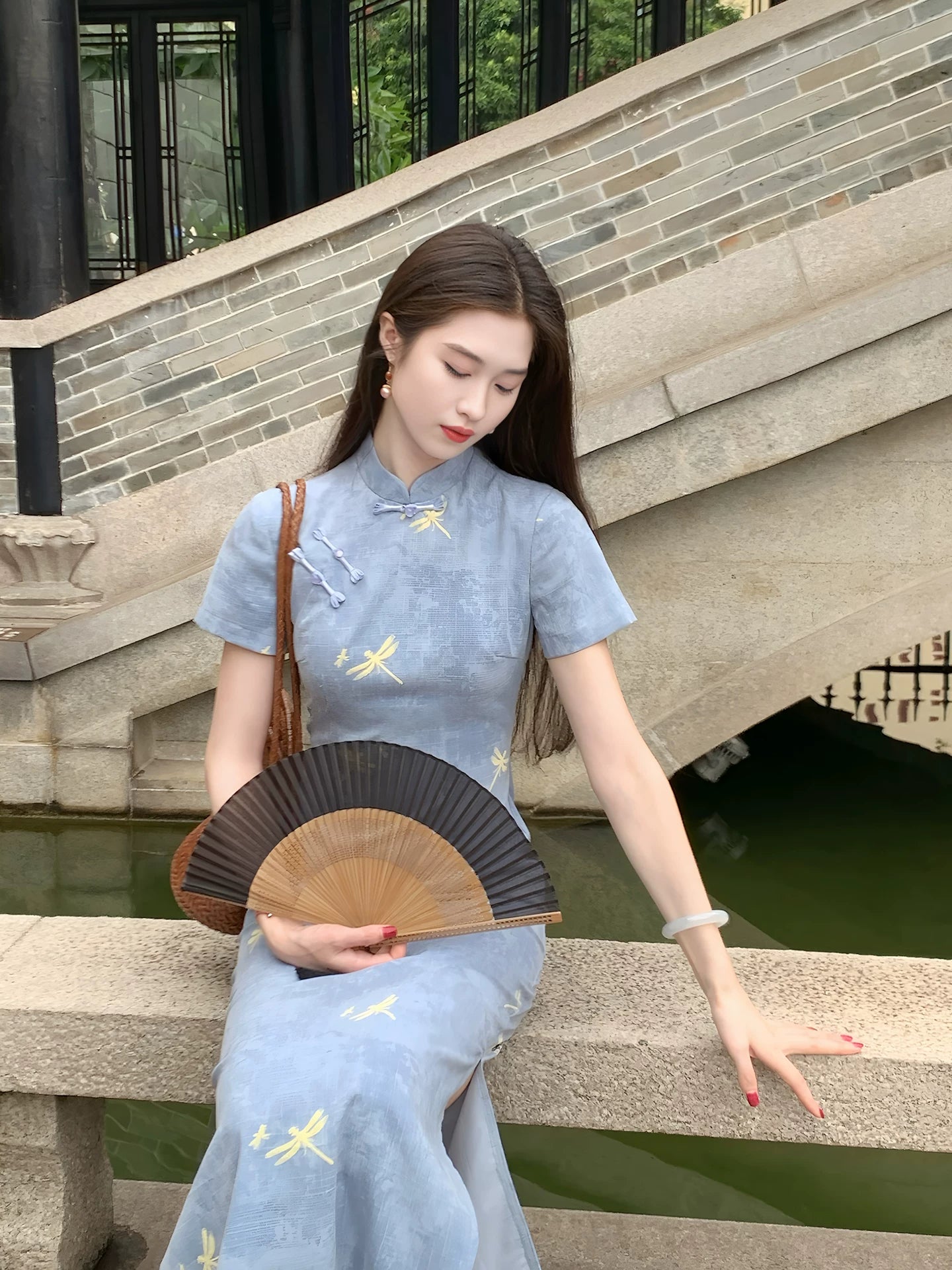 ZIHE Dragonfly Print Stand-up Collar Dress