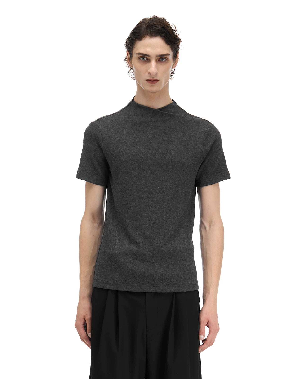 Slight Vogue Crossed Jumpcollar Straight Shoulder Knitted Slim Tee