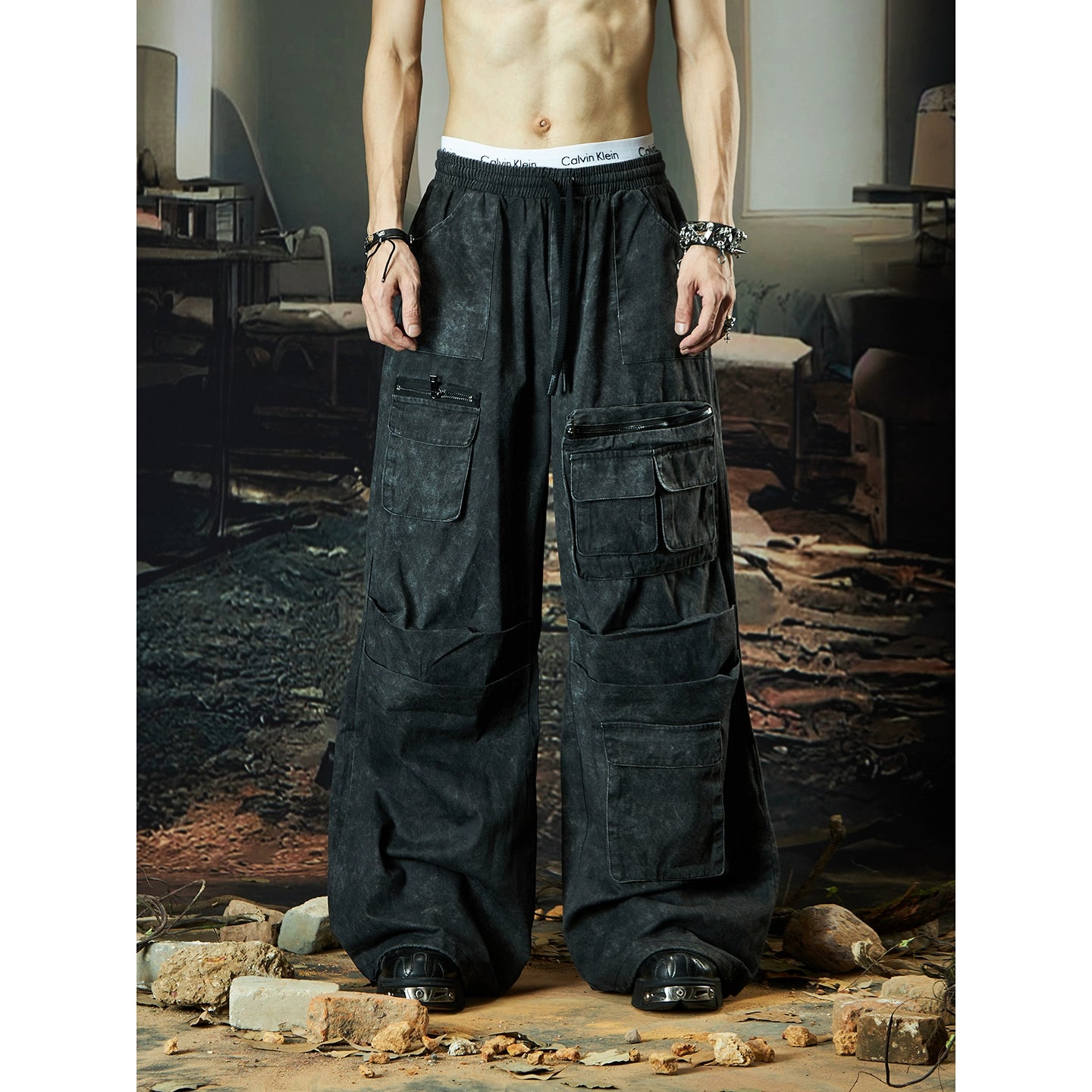 NOMANIAI Dirty Dye Washing Water Multi-pocket Tooling Loose Straight-leg Pants