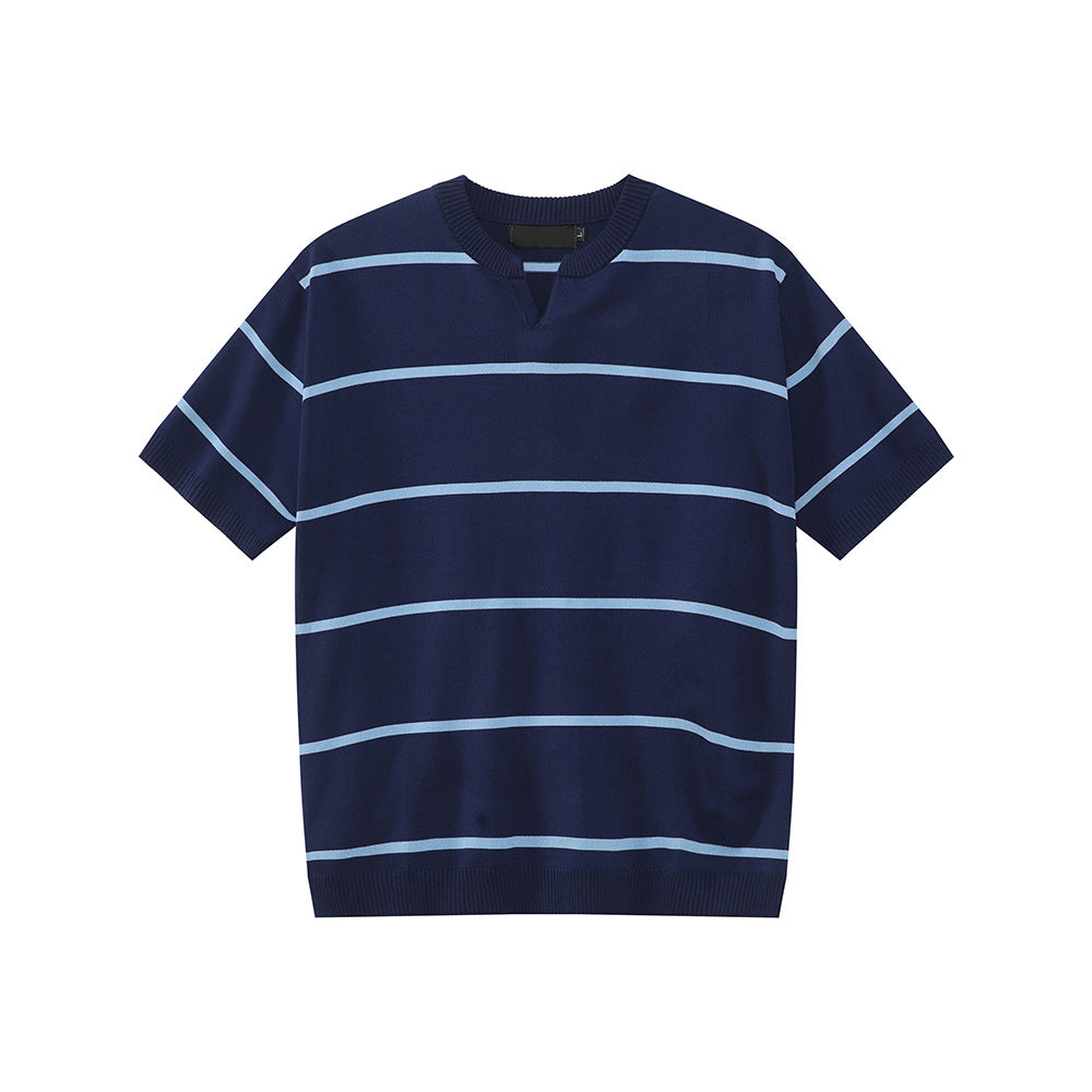 MTLCLOTHES Vintage V-neck Contrasting Striped Knitted Tee
