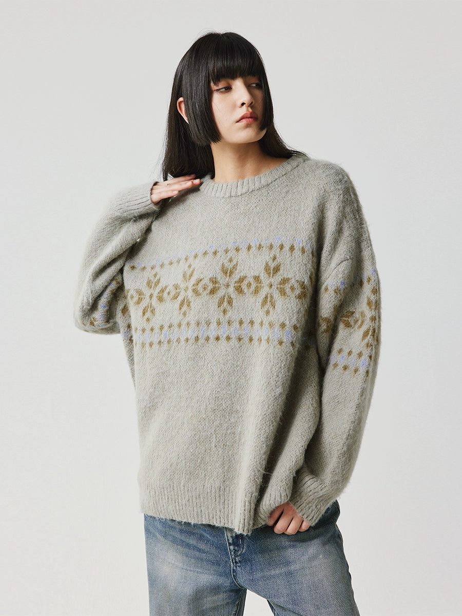 LIMPIDOCULUS Rhombus Totem Loose Jacquard Crew Neck Sweater