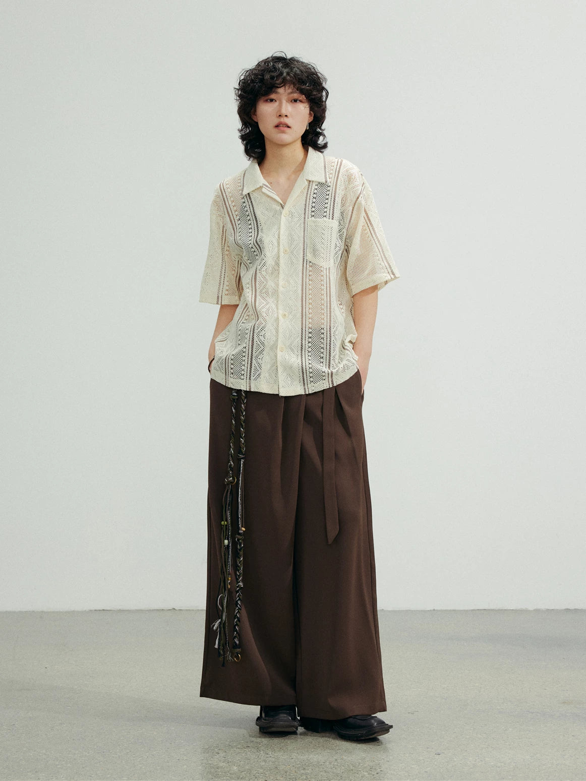 SUNYVONNE Hollow-out Sheer Casual Short-sleeve Shirt