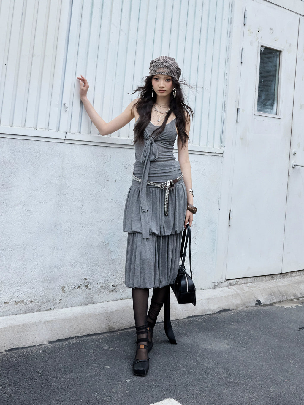 JNYLON Vintage Pleated Versatile Knit Camisole Midi Skirt Set