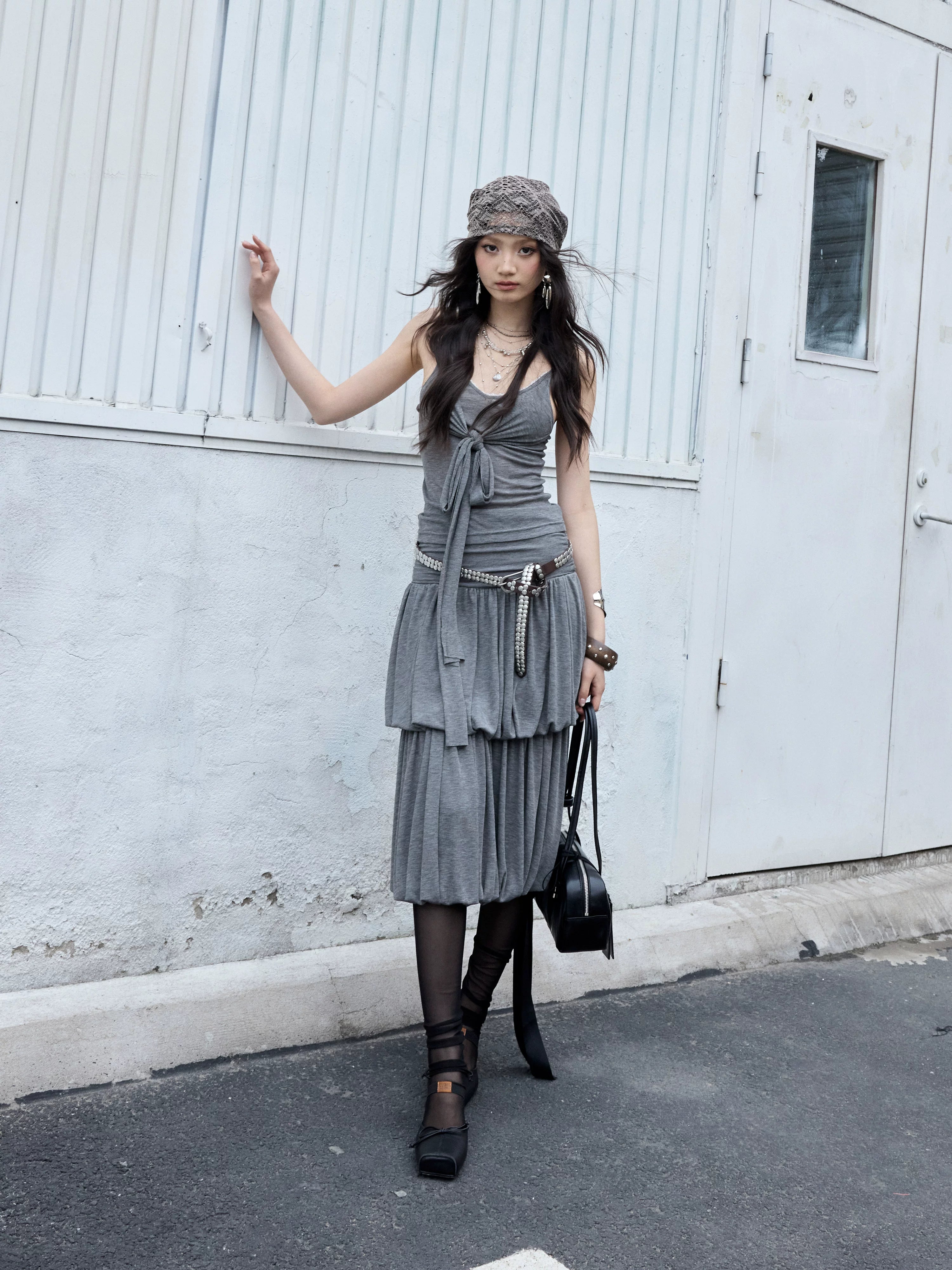 JNYLON Vintage Pleated Versatile Knit Camisole Midi Skirt Set
