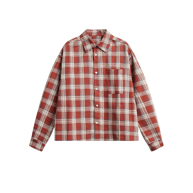 NOEARS Japanese Retro Plaid Loose Long-sleeved Square Neck Shirt
