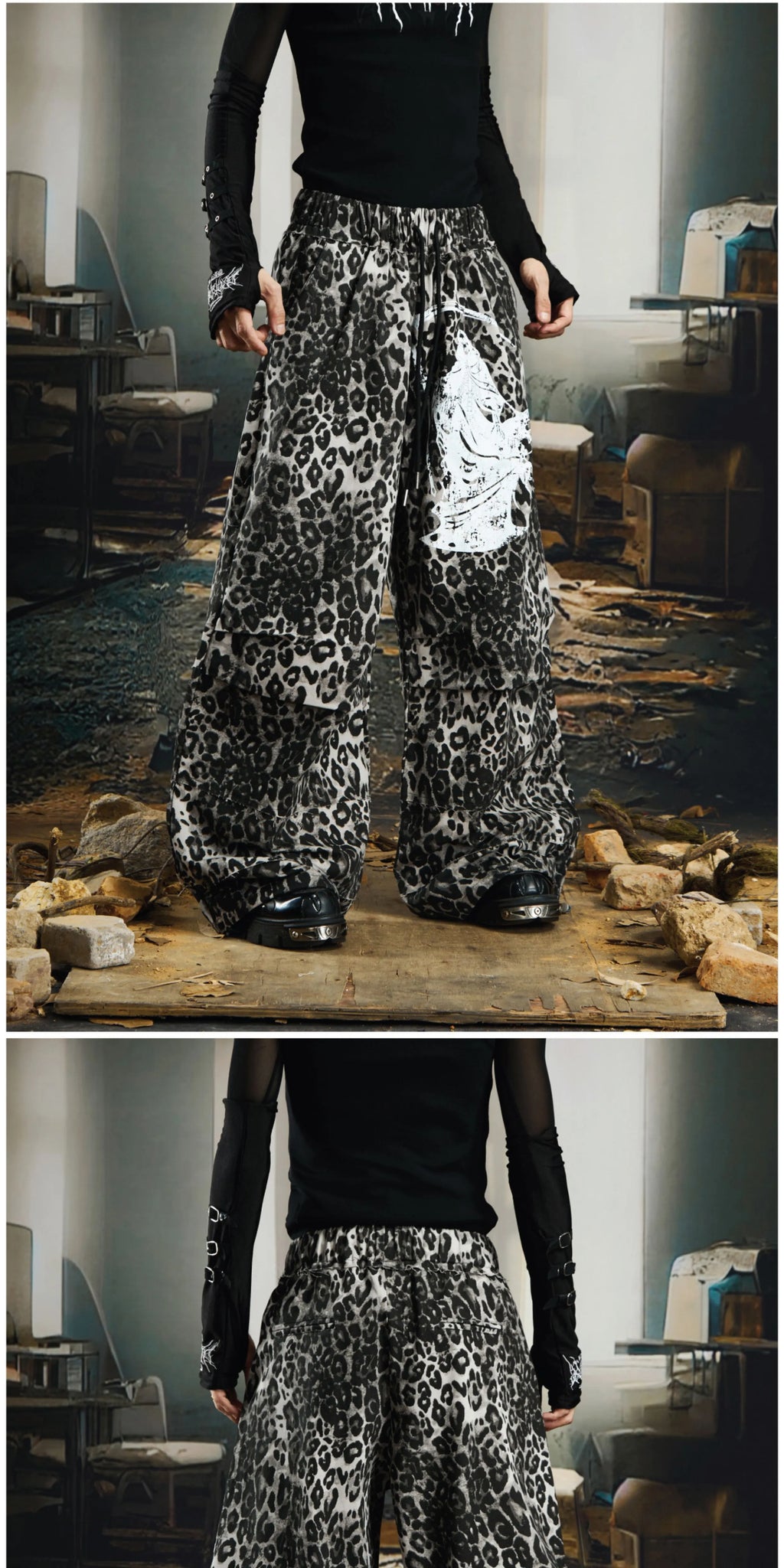 NOMANIAI Niche Leopard Print Loose-fitting Wide-leg Slacks