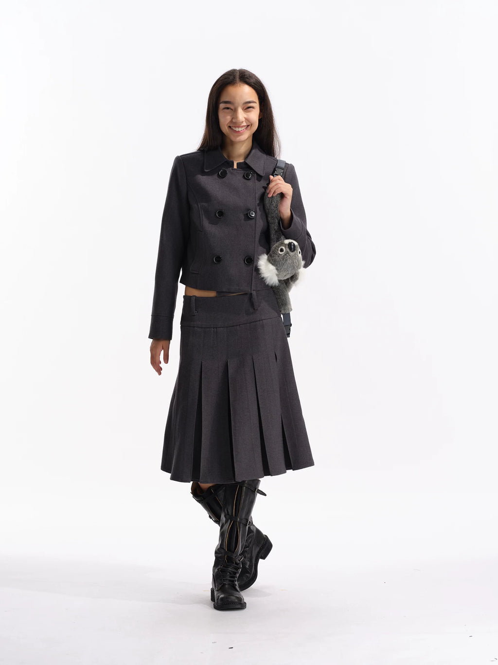 Two Little Guys Retro Double-breasted Jacket + Low-rise Suit Pleated Skirt