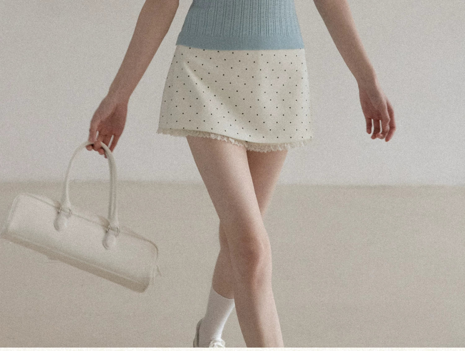 Cantonstory V-neck Slim-fit Knit Tee High-waisted Polka Dot Lace Midi Skirt Set